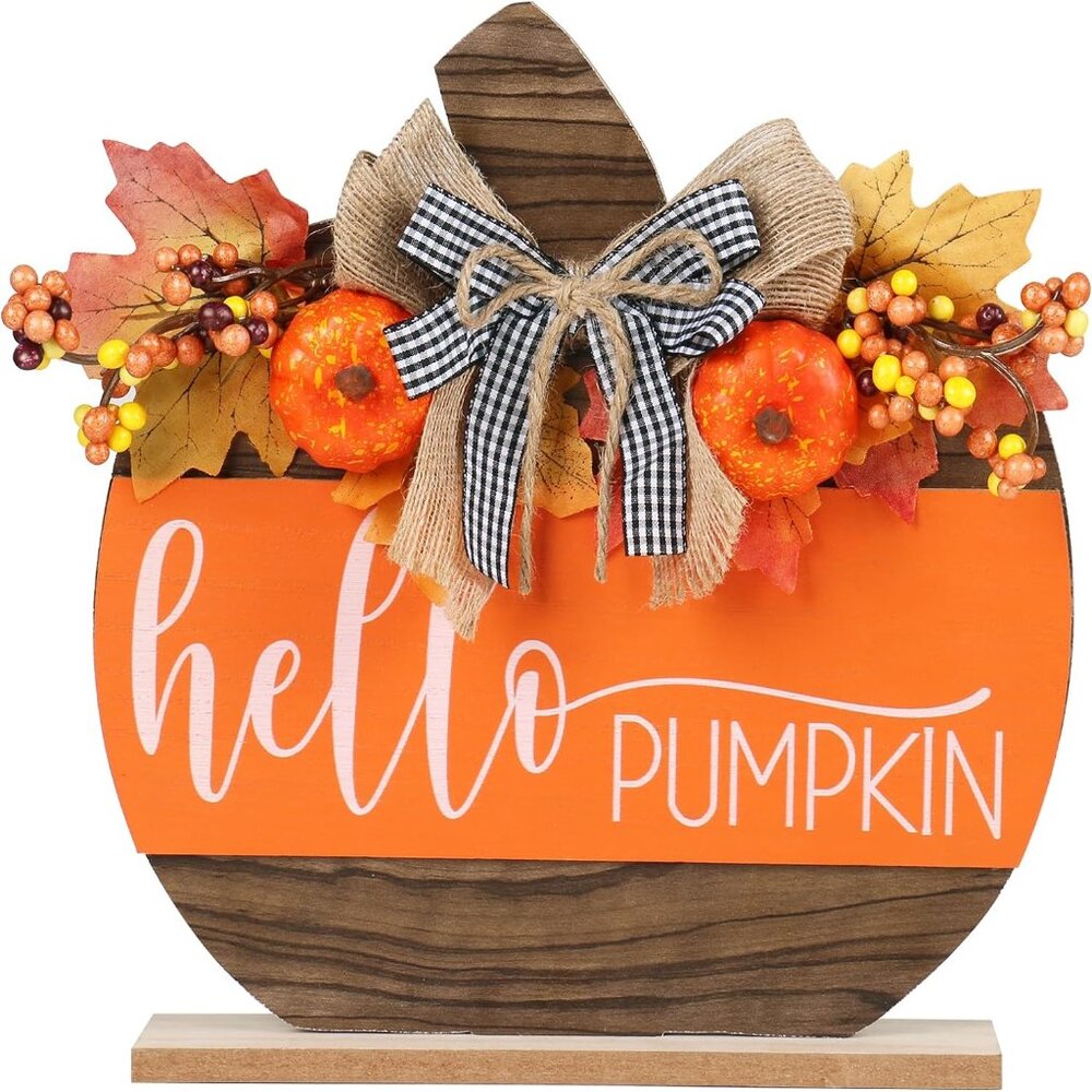 Wooden Hello Pumpkin Sign - Fall Tabletop Decor, Harvest Thanksgiving Decoration
